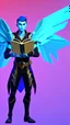 Placeholder: a human male with blue short hair and blue wings in assymetrical armor with geometric patterns and a book in hand, geometric wings