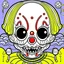 Placeholder: create a 2d black outline, " kawaii psycho clown coloring book for kids", coloring page, low details design, black contour, coloring page design, colorful , card style, coloring page for kids, halloween backgorund,sketch style,