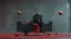 Placeholder: matrix, neo sitting on red old skinny chair, chooses red or blue pill, planets around