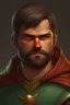 Placeholder: a realistic image of Robin who is very masculine, confident, and strong. He has a sharp jawline and masculine body. He has a beard and he symbolizes masculinity. His expression should be determination and intelligence. The background should be blurry. Robin also needs to be realistic. he should look excited and happy. Robin needs to wear a T-shirt which is written G.