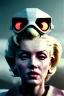 Placeholder: Ultra Realistic retro sci-fi scene, portrait, blonde woman, sweet young Marilyn Monroe face, perfect iris, tight latex coat, Strange planet background, Retro sci-fi style helmet, fog, rain, soft color, highly detailed, unreal engine 5, ray tracing, RTX, lumen lighting, ultra detail, volumetric lighting, 3d, finely drawn, high definition, high resolution.