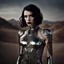 Placeholder: beautiful caucasian half cyborg woman, black metal body and limbs, chrome details, anorexic figure, short brunette wavy bob haircut, dystopian, desert scene