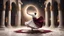 Placeholder: Hyper Realistic Sufi Whirling on stone floor with maroon & Golden Islamic Sufi Rustic Grungy Background outside white marble Islamic monument at dark night, heavy-fig with stars on sky showing dramatic & cinematic ambiance.