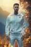 Placeholder: running men portrait , white jogging suite , in the sunset Alps, golden light , holding leaves and flowers , angels background, volumetric light, high detail, dark leaf tree, dark mountains in background, perfect