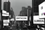 Placeholder: greyscale cityscape: many large white billboards populate the city with black block lettering with single word choose randomly between: "BIOMORPH" || "CB" || "SPATCHCOCK" || "TANGUY", || "SURREAL". || 'They Live' movie still, city panoramic, concept art, subliminal messaging