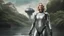 Placeholder: Middle-aged woman with blond hair in a robotic silver catsuit, standing on the right of a partially submerged sleek spaceship, on an alien beach, with alien trees