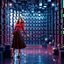 Placeholder: make a picture pretty stage made of metallic blue-gray teme 3d recursive cubic and sphere base structures and a beautiful fashion model lady posing with cute in black and white and the scene is in color,with dark red top and pretty pleated midi skirt ,makeup curvy long hair,dynamic camera zoom to full body and pan, dynamic lights.