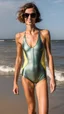 Placeholder: beautiful anorexic woman, full body shot, short shiny triathlon swimsuit, wavy bob haircut, photographed on the beach, raw
