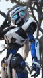 Placeholder: A close picture to Ramattra in front a full moon tree, future suit ,black mask, robe, blue fire eyes, white body , future mechanical, Mechanical body, mechanical arm,transformers details, mechanical details, details mechanical arm, blue glowing machine details