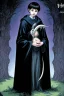Placeholder: 7 year old boy, necromancer, friendly, looks dead,with a long lamprey emerging from his belly , wearing black robes, with the lower body of a ghost in the style of Harry Clarke