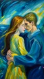 Placeholder: Side profile of a teenager with her aspirations behind her standing . Holding her boyfriend hugging with love and romance,Opulent Van Gohn style painting,