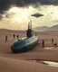 Placeholder: A nuclear submarine left in the desert with sands and a little water and stormy clouds ,moved by a ufo spaceship and aliens are surrounding the submarine examining