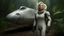 Placeholder: An ultrawide-angle, photorealistic image of an adventurous, slender, fifty-year-old woman from the future, dressed in a tailored, full-body spacesuit, stands to the right of her huge, wide, wingless cargo spaceship. Her uncombed, blond hair has bangs. Standing on a metal box in a jungle clearing.
