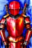 Placeholder: dnd, fantasy, watercolour, illustration, portrait, red phantom, knight, red plate armour, all red, transparent, veins of golden light in the armour