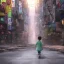 Placeholder: behind photo A young boy walking streets of megacities, tokyo post apocalyptic