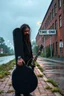 Placeholder: a very disappointed member with guitar case, dark long hair and beard of a death hard rock band who has been kicked out of a rehearsal space in Sweden, old factories style with bricks, deserted place overgrown plants and grass, he stands outside in the rain and cries, street lamps shining, raindrops, wind, empty roads and cycle paths next to it, really bad weather, "TIME TO GO HOME" on a sign