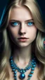 Placeholder: bleu dress with bleu pearls on it, Age 22, girl, white Complexion, light brown eyes, almond eyes shape, long hair, blonde hair, silky hair, square face, button nose,bleu evil eye necklace