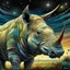 Placeholder: Iridescent Art Nouveau painting by Jean Baptiste Monge, Victor ngai, featuring a (close-up African rhinoceros in a Serengeti grassland) at night}, luxurious silk texture, pale watercolor blend, ink splatter gouache, golden foil detail, Japanese Mokuhanga art. Detailed wrinkled rough epidermis and a weathered tusk