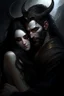 Placeholder: Paintinf, Beard, dark hair, demon prince, horns, handsome, mysterious, gentle, embracing a beautiful woman with long dark hair