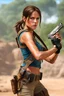 Placeholder: Realistic photo of young Lara Croft Tomb Raider character holding a pistol with a battlefield in the background