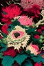 Placeholder: award-winning overdetailed Asian art of a spiky, flowy, red, fuchsia, black, lime green, teal and white Roses and Hibiscus, by Yuko Shimizu and Hokusai collab