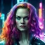 Placeholder: science fiction scene like cyberpunk. Ruth Wilson, long colorfull hair ultrarealistic