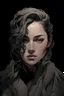 Placeholder: Portrait of a young woman with black wavy hair flowing down. Include a short black horn on the right side of her forehead, which makes it distinctive. include gray eyes, with a tanned skin complexion. Draw the portrait in the style of Yoji Shinkawa. Make the portrait have no colors, only black and white.