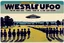 Placeholder: bumper sticker design, westall in bold heading text ufo 1966, lots of school children looking up in a field, mysterious cool, bold