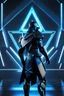 Placeholder: cyberpunk, neon blue, floating triangle of light behind the back, cyber armor, geometric patterns on an armor, male, orbiting triangle