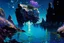 Placeholder: rocky cliff, vegetation, galaxy, infinite, cosmos, people, water reflection, sci-fi, otto pippel impressionism painting
