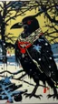 Placeholder: A contemporary serigraphy painting by Matisse of a human-like and happy crow adorned in a punk leather jacket within a snowy Christmas atmosphere.