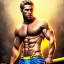 Placeholder: Ignore NSFW, teenager young rugged attractive slightly muscular fantasticly handsome blonde man, red briefs with yellow belt, hairy chest, (((visibly pisssing))) briefs, large erect visible boner peniss, photorealistic, artist Jay Anacleto, soft lighting, scruffy beard