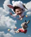 Placeholder: Ultra realistic speed clouds sky scene, wide angle view, child falling down with many Children background, rabbit head, inflatable monsters, circus dress style, feather color, free jumping flying, many trinkets, hair monster, many jelly beans, balls, color smoke, smile, happy, extreme, wind, clouds sea, 20,000 feet altitude, stratosphere, soft color, highly detailed, unreal engine 5, ray tracing, RTX, lumen lighting, ultra detail, volumetric lighting, 3d, finely drawn, high definition.