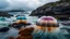 Placeholder: Ground-level shot of exotic giant jellyfish's with tentacles on a rocky shoreline, cloud trees, and cliffs