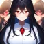 Placeholder: Clear focus,High resolution, black long fluffy hair, long fluffy bangs, red eyes, wearing a lab outfit, extreme close up, evil smile