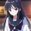 Placeholder: Clear focus, High resolution, long black fluffy hair, long locks, chopped bangs, purple eyes, wearing a sailor uniform, (solo), anime screencap