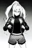 Placeholder: blonde girl with ponytails dressed in a jacket and shorts walks angry, greyscale