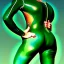 Placeholder: Voluptuos beautiful atletic woman with green eyes in latex suit Boris Vallejo Style