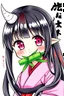 Placeholder: Cute Japanese girl, with pink eyes, a only horn on left side of head, dressed in her pink kimono and a black haori, black long hair with reddish tips, a piece of bamboo covering her mouth, drawing manga style, vibrant colors, in a manga book cover