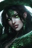 Placeholder: female snake humanoid, full body, wearing a black leather armor, green scales on the face, dungeons and dragons