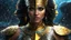 Placeholder: (female egyptian warrior), black and gold haired, ((yellow glowing eyes)), ((Photorealistic)) extreme close-up, bioluminescent, realism, high detail, octane render, 8k, (((Chaotic storm of intricate colorful liquid flowing from body))), full - length abstract portrait, wet-skin, ((bubbly underwater scenery)) radiant light octane render highly detailed