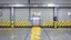 Placeholder: wall design for parking garage, concrete, yellow marking lines, hazard lines, weathering and water stains, realistic elevator doors in middle. a sign is above the elevator doors. rough painted hashmarks and parking lines, add signage found in a parking garage. add electrical conduit