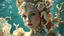 Placeholder: Beautiful young faced meemaid under water, wearing palimpsest art nouveau lace embossed sea shell and creatures ornate costume, adorned with palimpsest art nouveau sea creatures, sea horse. Shell coralls headdress and ribbed with árt Nouveau coralls flower and seapearls costume organic bio spinal ribbed detail of under water art nouveau sea shell embossed extremely detailed art nouveau style maximálist hyperrealistic concept árt portrait