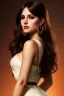 Placeholder: young woman, brown hair, dark orange eyes, hoop earrings, red blouse, elegant, dark eyeshadow, black eyeliner, high arch angular eyebrows, head and shoulders portrait, 8k resolution, Artgerm, WLOP, Alphonse Mucha dynamic lighting, hyperdetailed, intricately detailed,