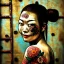 Placeholder: an abstract painting of rusted metal and flowers, beautiful smiling Yakuza Woman portrait, with japanese realistic tattoes, realistic,rust, scaffolding, iron cladding, decay, mixed media, textured, anatomically correct, beautiful perfect face, sharp focus, highly detailed by Johannes Vermeer 8k