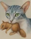 Placeholder: close up portrait of a airbrushed watercolor 26 chalk, a oriental shorthair blue and white tabby cat, with vivid green eyes, playing with a brown and tan stuffed toy squirrel. He has it in his mouth. the background is soft tones of gray and beige.