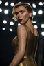 Placeholder: Scarlett Johansson, wearing a gold lame dress with spaghetti straps, standing against a dark background with stage lighting