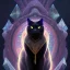 Placeholder: powerful muscular mystical black cat sits on a psychedelic mushroom and huge crystals