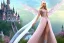 Placeholder: castle in background, beautiful, soft, big smiling, straight and long blonde hair, blues eyes, dewy and shiny atmosphere, diamond crown, long fairy wings in the back, full head, pink veil clothes