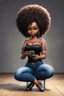 Placeholder: Create a furturism magna art of a black chibi curvy female sitting on the floor looking at her cell phone. She is wearing tight blue jeans and a black off the shoulder blouse. Prominent make up with lush lashes. Highly detailed tight curly afro. She is also wearing silver large hoop earringsart of a black chibi curvy female sitting on the floor looking at her cell phone. She is wearing tight blue jeans and a black off the shoulder blouse. Prominent make up with lush lashes.